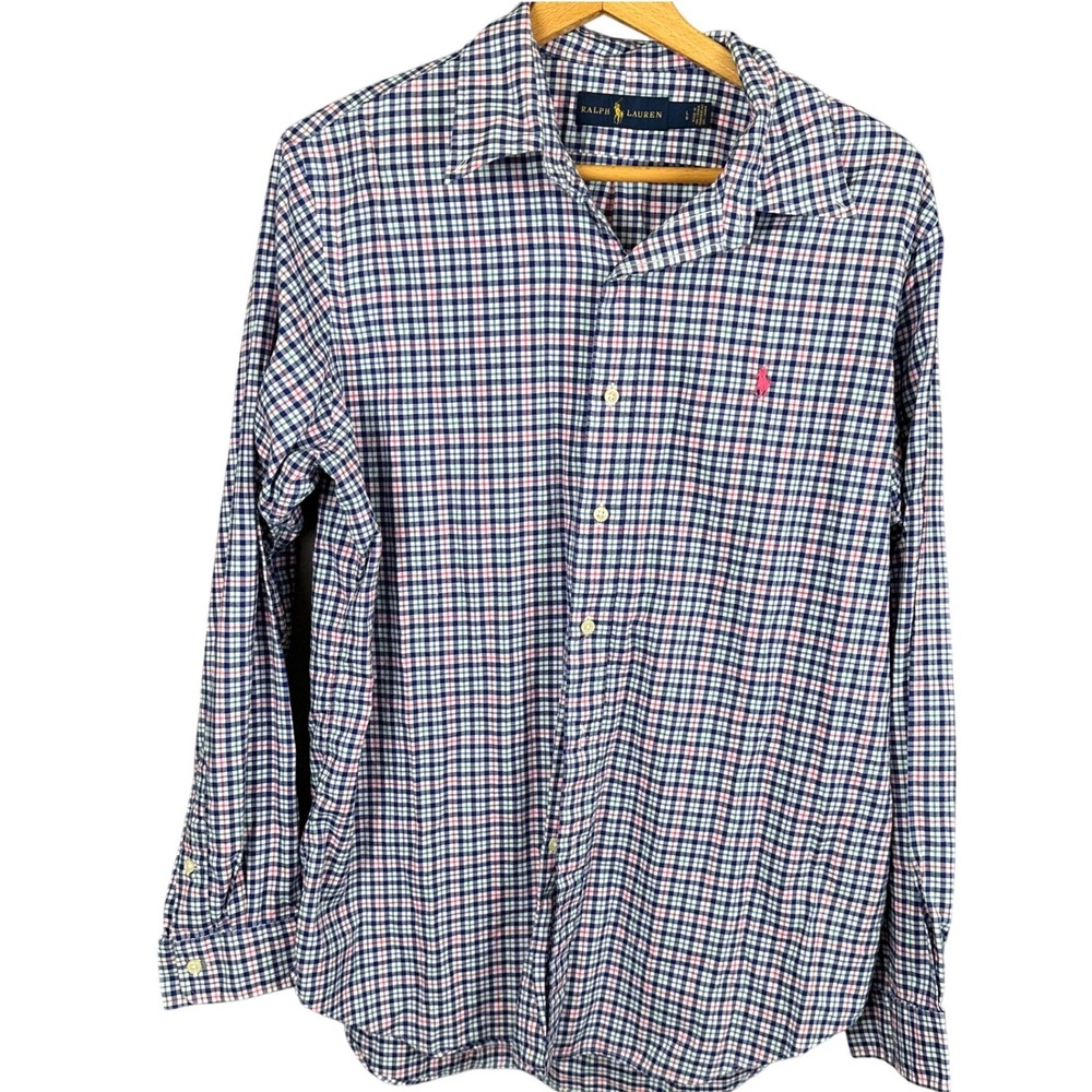 Ralph Lauren Mens Large Blue Pink Gingham Check Long Sleeve Button Down Shirt - Picture 1 of 9